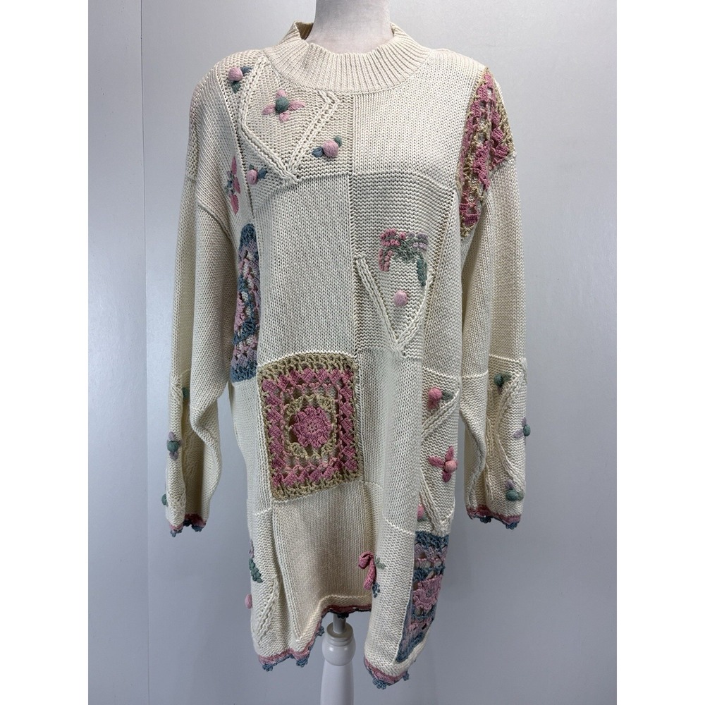 NEW! Vtg Liz & Me Tunic Sweater Sz Large Floral Crocet Patchwork Cottagecore